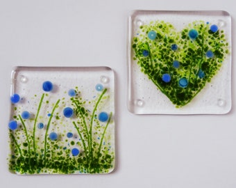 Flower meadow coaster, fused glass coaster, heart drinks mat, fused glass flowers, gift for her, stained glass art, Mother's Day gift