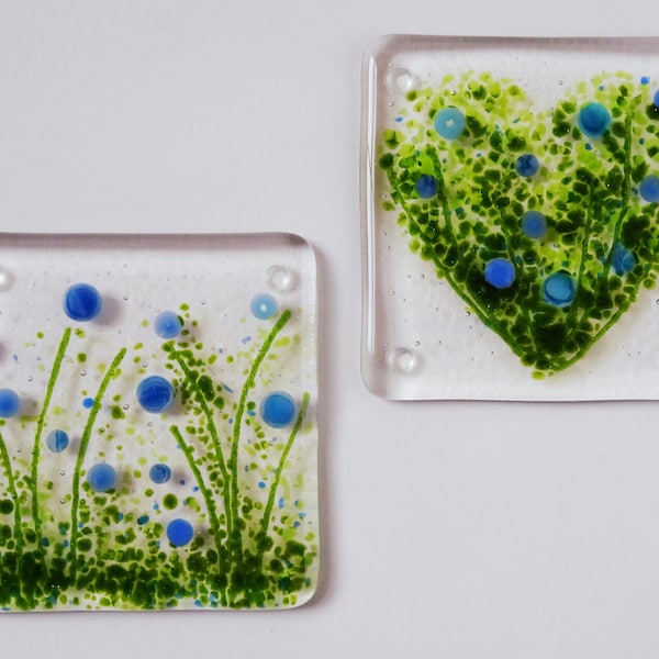 Flower meadow coaster, fused glass coaster, heart drinks mat, fused glass flowers, gift for her, stained glass art, Mother's Day gift