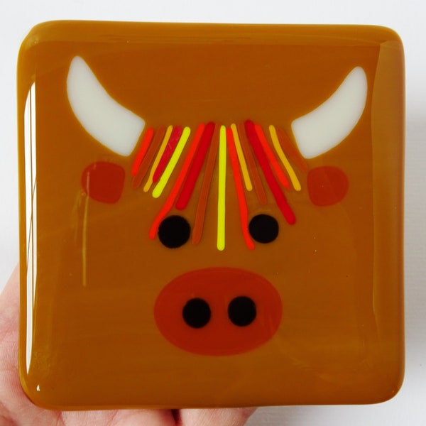 Highland cow coaster, fused glass coaster, drinks mat, fused glass cow, home office decor, Christmas gift for him