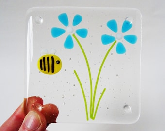 Dessous de verre abeille et fleur, dessous de verre en verre fusionné, tapis pour boissons, bourdon en verre fusionné, cadeau pour elle