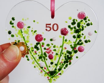 Personalized flower meadow fused glass heart, heart light catcher, wedding, mothers day, valentine gift, pet memorial gift for her