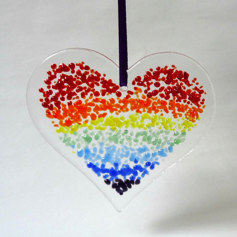 Rainbow fused glass heart, heart light catcher, window decoration, wedding gift, love valentine gift for her, pride LGBTQ image 3