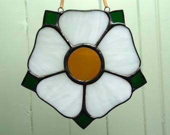 Stained glass Yorkshire Rose, Lancashire Rose, window decoration, flower, light catcher, glass art, red rose, white rose, Yorkshire gift