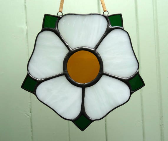 Stained glass Yorkshire Rose, Lancashire Rose, window decoration, flower, light catcher, glass art, red rose, white rose, Yorkshire gift