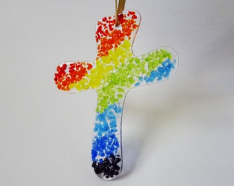 Rainbow fused glass cross, rainbow light catcher, christmas tree dec, gift for her, christening, ordination, baptism gift