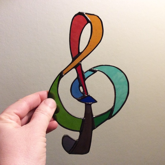 Music Note Stained Glass Window Panel, Glass Treble Clef, Fused