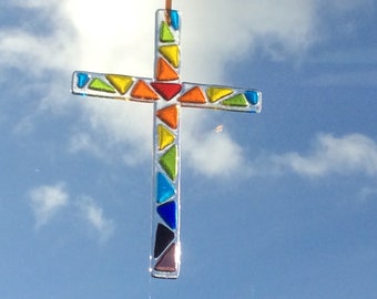 Fused glass cross, light catcher, stained glass art, baptism gift, christening gift, Easter, ordination gift, confirmation gift, home decor