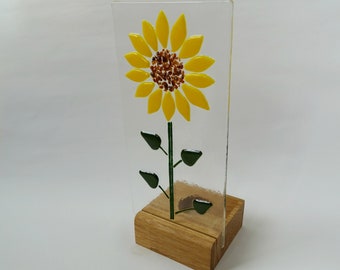 Fused glass sunflower panel on a candle stand, window decoration, light catcher, glass art, gift for her, gift for grandma