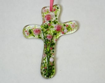 Fused glass cross with meadow flowers, light catcher, baptism, christening gift, Easter decoration, ordination gift, confirmation gift