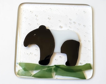 Tapir coaster, fused glass coaster, fused glass malaian tapir, gift for her, stained glass art, home decor, black and white decoration