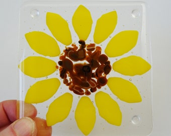 Sunflower coaster, fused glass coaster, fused glass flower, yellow homeware, gift for her, stained glass art, home decor