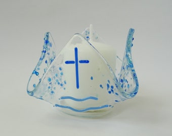 Baptism candle holder, christening candle, fused glass tealight holders.