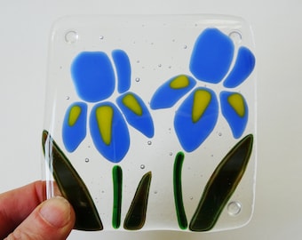Iris flowers coaster, fused glass coaster, drinks mat, fused glass flowers, gift for her, glass art, home decor, Mother's Day gift