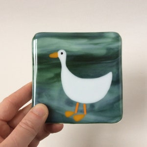 Goose coaster, fused glass coaster, fused glass white goose, gift for her, stained glass art, home decor, farmyard bird, white duck