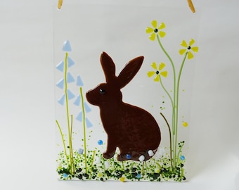 Rabbit fused glass panel, Easter decoration, glass flowers, spring window decoration