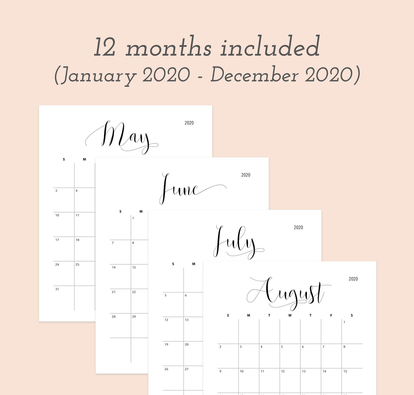 Printable monthly calendar planner 2020 Desk calendar 12 | Etsy