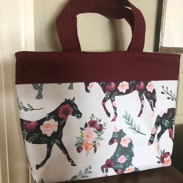 Burgundy Flowered Horse Tote