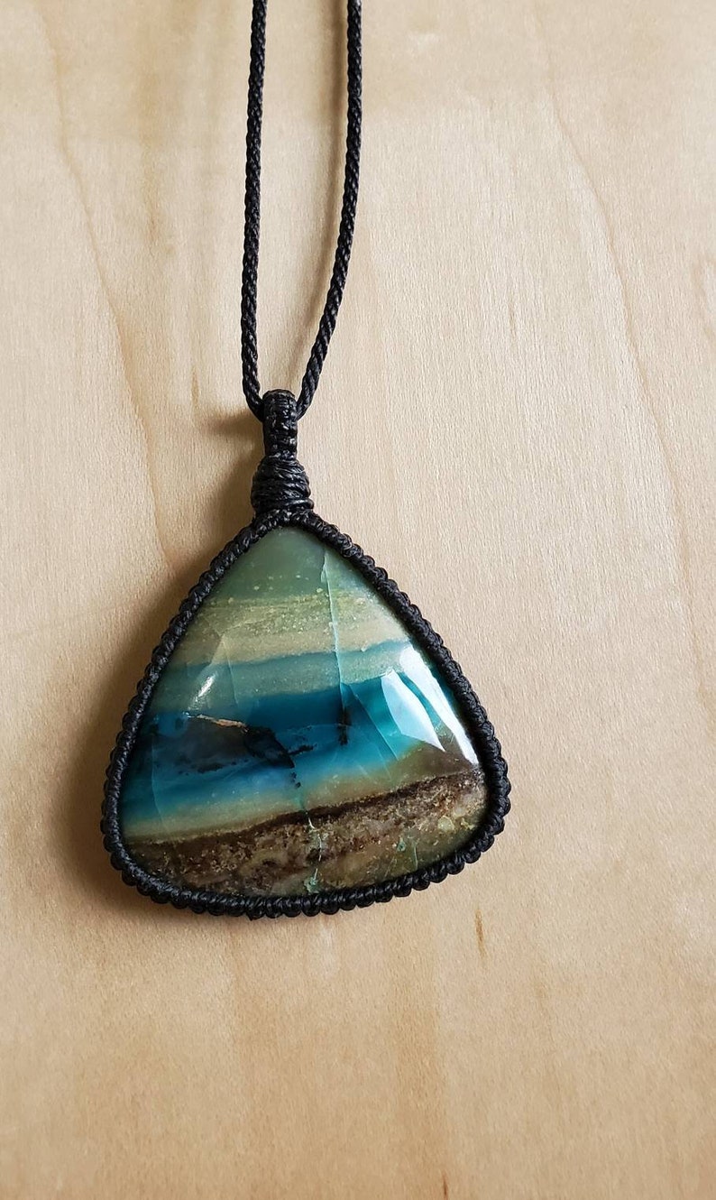 Blue Opalized Wood Macrame Necklace