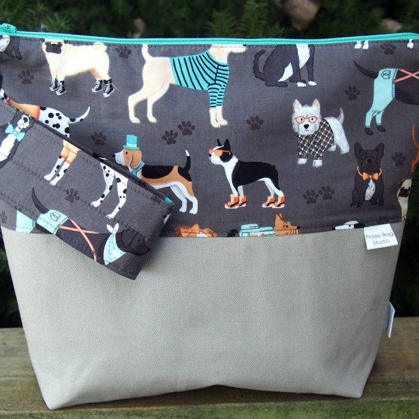 Dapper Dogs Large Zippered Pouch Knittng Project Bag/ Measuring Tape/ Pockets