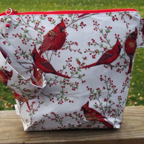 Cardinal Red Bird  Zippered Knitting Project Bag/ Pockets/ extras