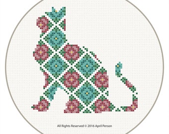 Geometric Floral Cat Silhouette - Small PDF Cross Stitch Pattern