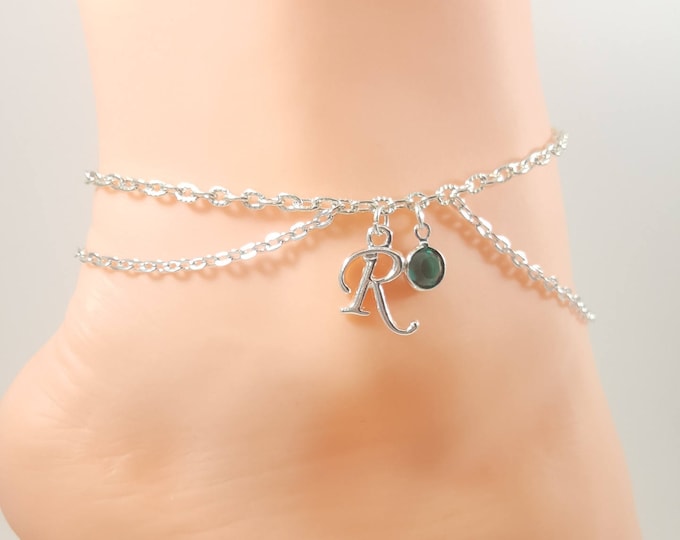 Birthstone Personalized Initial Anklet, Swarovski Crystals, Birthday Jewelry, Kinky Lifestyle Jewelry