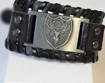 Stag Faux Leather Cuff Bracelet: Engraved Metal Plate