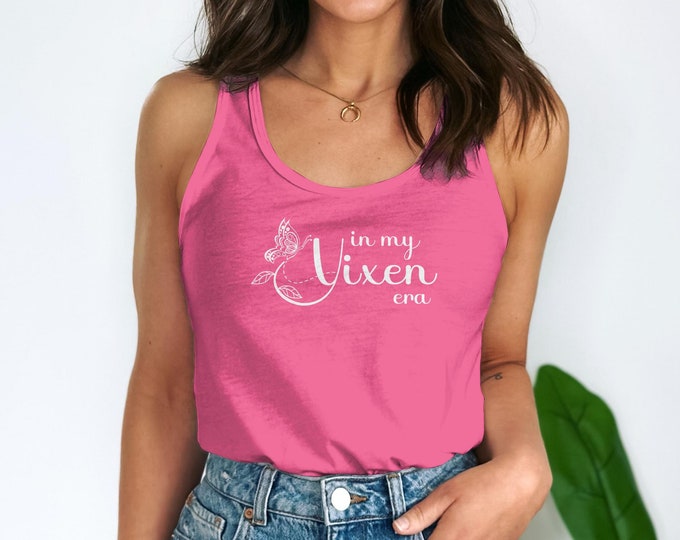 Stylish Vixen Era Tank Top with Butterfly Graphic, Elegant Hotwife Tee, Casual Chic Swingers Top, White Writing, Racer Back T
