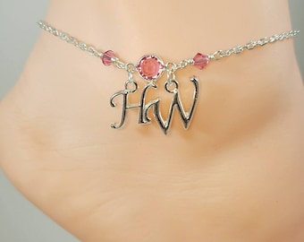 Sterling Silver, Hotwife Anklet, Birthstone Jewelry, Initial Jewelry, Personalized Jewelry, Genuine Swarovski Crystals,