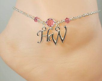 Sterling Silver, Hotwife Anklet, Birthstone Jewelry, Initial Jewelry, Personalized Jewelry, Genuine Swarovski Crystals,