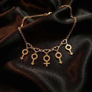 Può includere: Una collana color oro con una catena e dettagli a forma di cuore. La collana presenta cinque ciondoli con simboli di genere. Lo sfondo è un tessuto scuro e serico.