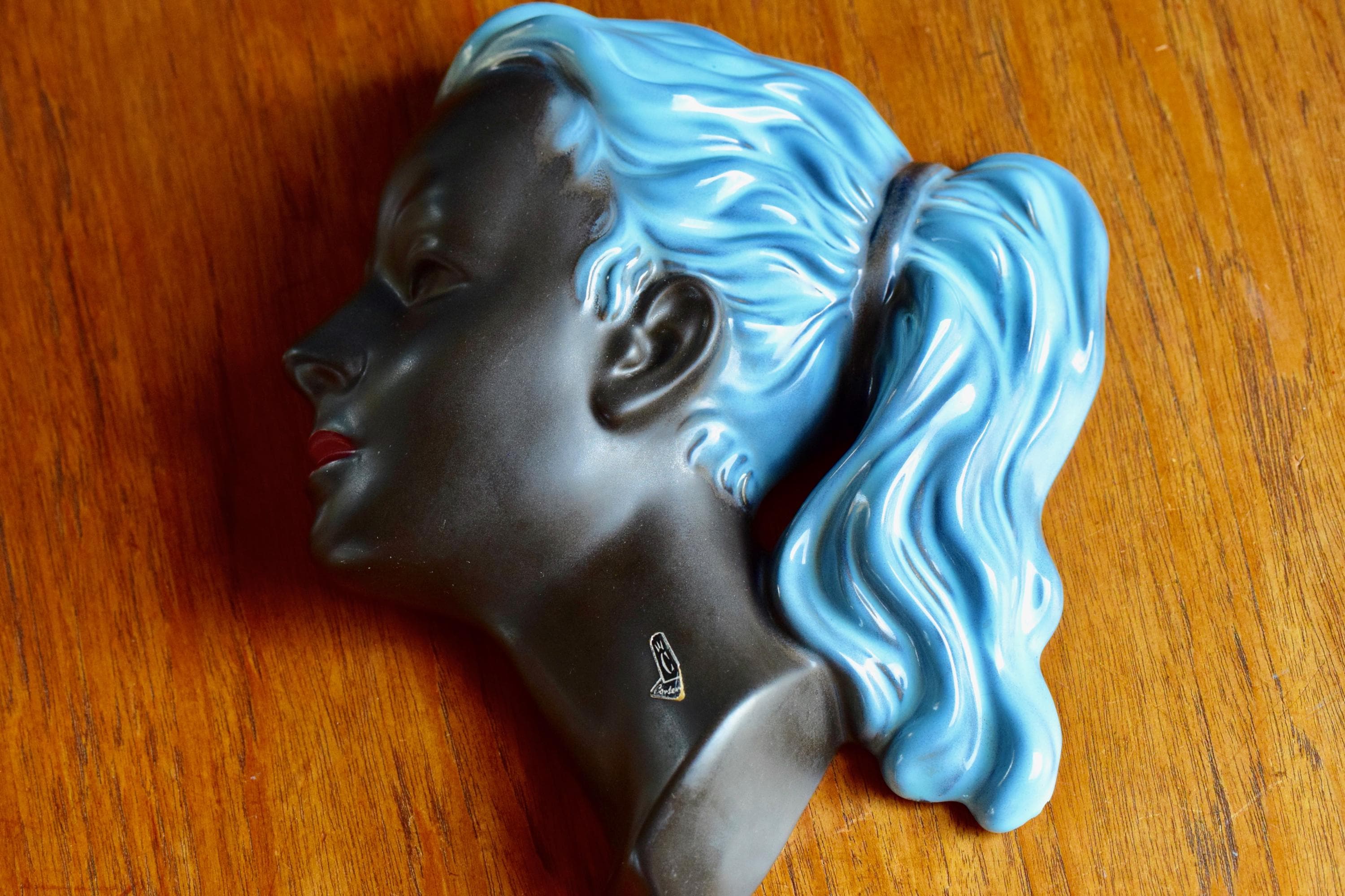 Ancien Masque Mural Vintage Cortendorf Tête De Femme Céramique Années 60, Multicolore, Idéal Déco Rétro