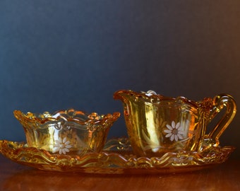 Vintage milk and sugar set, 40s, amber, amber, hand-cut, made in Germany