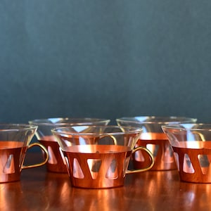 Midcentury Teeset von 5 Teegläsern mit Kupferhalter, Teetassen, 60er Jahre, Made in Germany