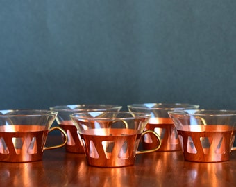 Midcentury Tea Set of 5 Tea Glasses with Copper Holder, Teacups, 60s, Made in Germany