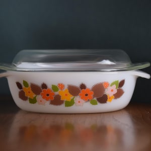 Vintage casserole dish with glass lid, Schott Mainz, Jena glass, floral decoration, 70s, not used!!