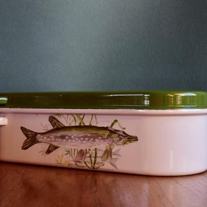 May include: A rectangular white enamelware container with a green lid. The container features a detailed illustration of a fish, with aquatic plants. The container has two small handles on the sides.