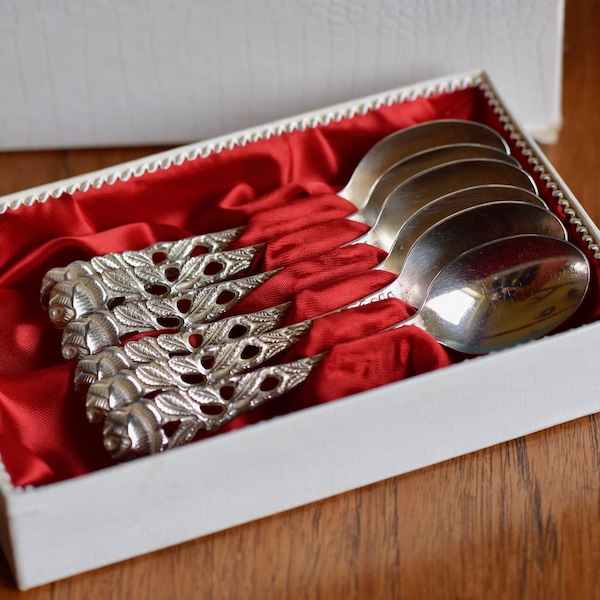 6 silver-plated vintage coffee spoons, Hildesheim Rose, 1950s/1960s, original packaging