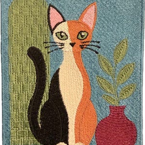 May include: A rectangular embroidered patch featuring a calico cat with black, white, and orange fur sitting in the center. To the left is a tall green textured shape, and to the right is a small red vase containing a green plant with five leaves.