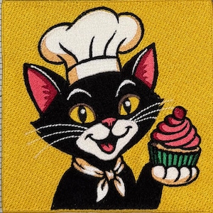 May include: Embroidered patch featuring a black cat wearing a chef's hat and a white neckerchief. The cat is holding a cupcake with pink frosting and a cherry on top. The background is yellow.