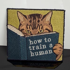May include: A square embroidered patch featuring a brown tabby cat with green eyes peering over the top of an open dark blue book. The book cover has the white text how to train a human printed on it. The background is a muted olive green color.