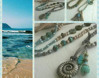 Long necklace wooden beads blue/beige boho style
