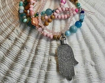 Long Necklace Hamsahand Rose Quartz Jade Jasper Bohostyle