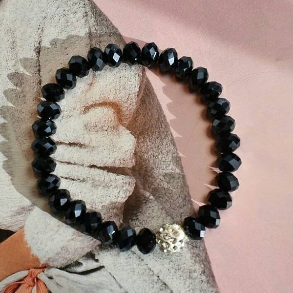 Armband Glasperlen schwarz mit Strasskugel