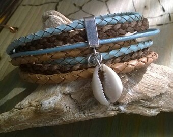 Leather Wrap bracelet cowrie shell blue/Brown