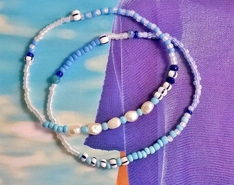 Bracelet Set - 2 Piece - Seedbeads - Freshwater Pearls - Blue - White