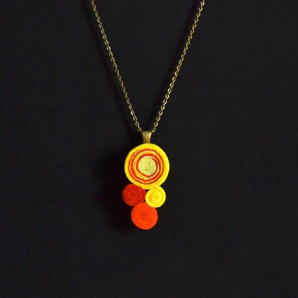 Pendant necklace with spirals felt and old bronze metal chain handmade orange and yellow