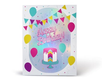 Birthday greeting card,  Holographic greeting card, Birthday card, Cake greeting card, Happy birthday card, Holographic card, Happy birthday