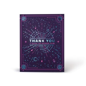 Bedankt wenskaart, het betekent het universum voor mij wenskaart, lichtblauwe foliekaart, bedankt, sterren, ruimteliefhebber, dankbare groet