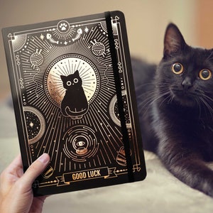 Good luck black cat journal for cat and pet lovers with gold accents, Luxury writing notebook dotted or lined pages